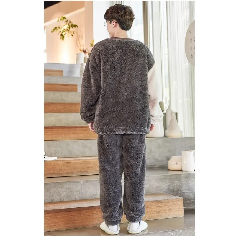 2024 New Sleepwear Men's Winter Thick Plush Loungewear Coral Velvet Youth Cartoon Flannel Nightwear Warm Plus Size Homewear Set