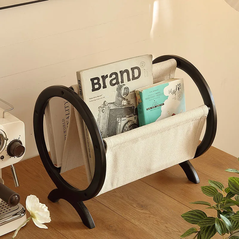 Nordic Vintage Solid Wood Fabric Desktop Magazine Rack Floor Standing Movable Storage Organizer for Living Room or Study-FYMR