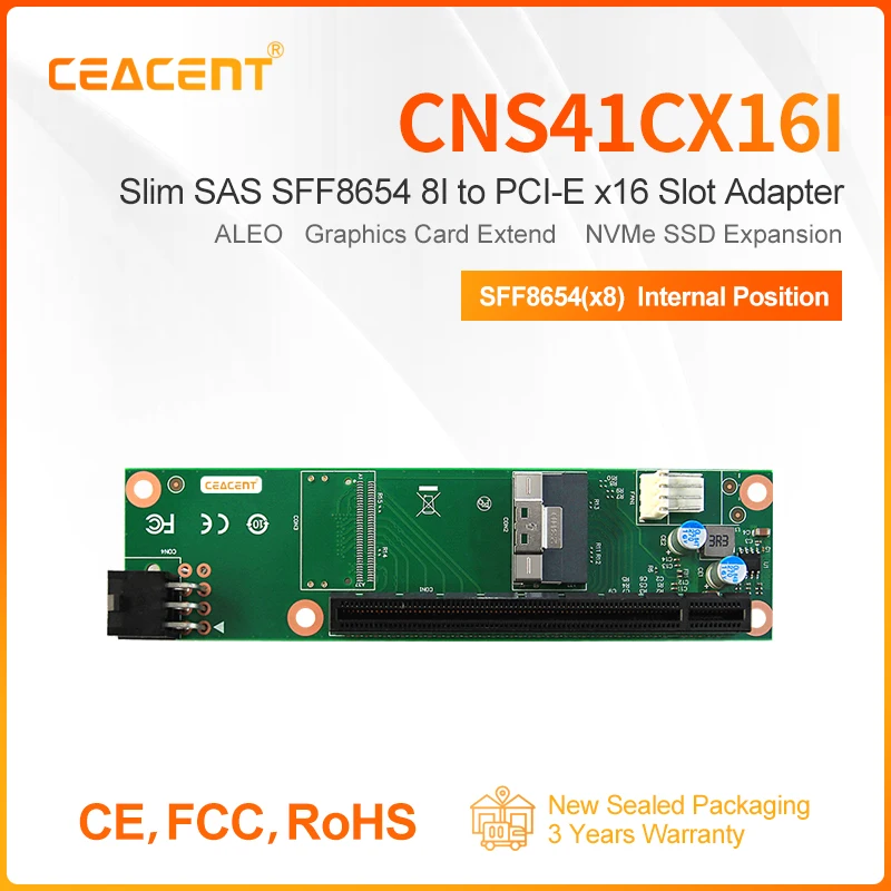 

CEACENT CNS41CX16I SFF8654 к PCIe x16 адаптерной карте, 1 внутренний порт x8 SFF8654 для ALEO, решения с несколькими ГПУ, PCIe extend