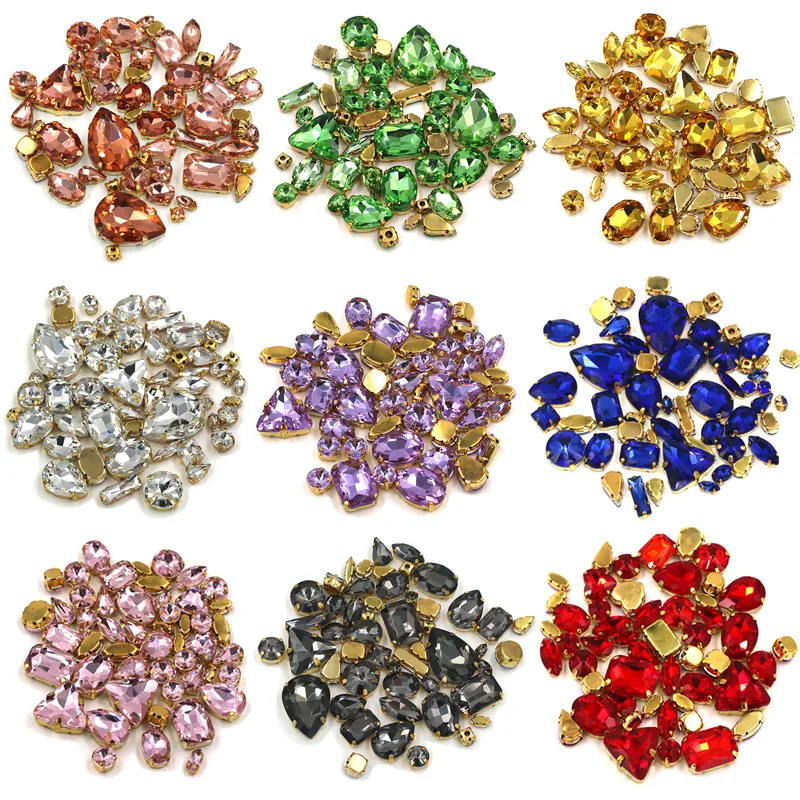 DIY Handmade Bulk Wholesale 50Pcs/Bag Mix Shape Crystal Stones Gold Claw Setting Glass Rhinestone Sew On Bags/Shoes/Clothes