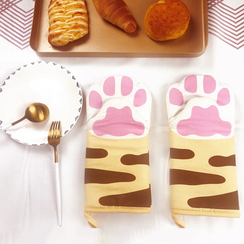 Silicone Oven Mitts Kitchen Gloves Silicone Oven Gloves Silicone Oven Protector 1Pc Cute Cat Paws Oven Mitts Cartoon Anti-Scald Microwave Heat Resistant Insulation Non-Slip Kitchen Cooking Gloves Baking Tool