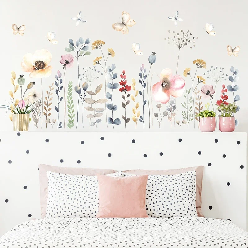 1pc Boho 스타일 수채화 꽃 꽃 벽 스티커 거실 어린이 방 어린이 침실 벽 전사 술 홈 장식