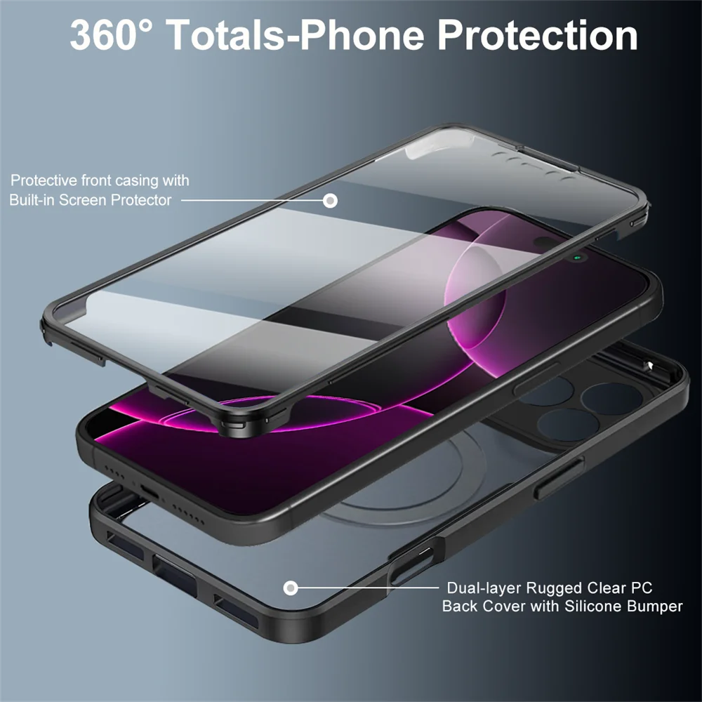 Magnetic 360° Clear Full-Body Shockproof Phone Case with Silicone Bumper