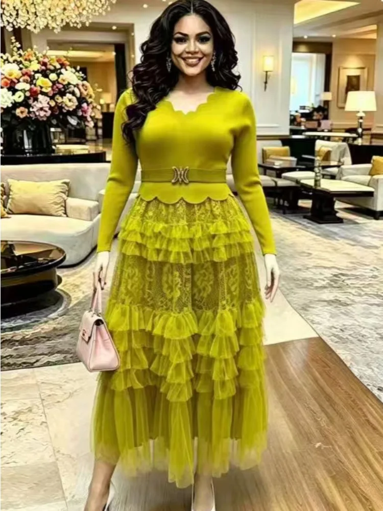 Miyake Lace Mesh Dress for Women 2026 Spring/summer New Layered High-waist Slimming A-line Cake Long Dress
