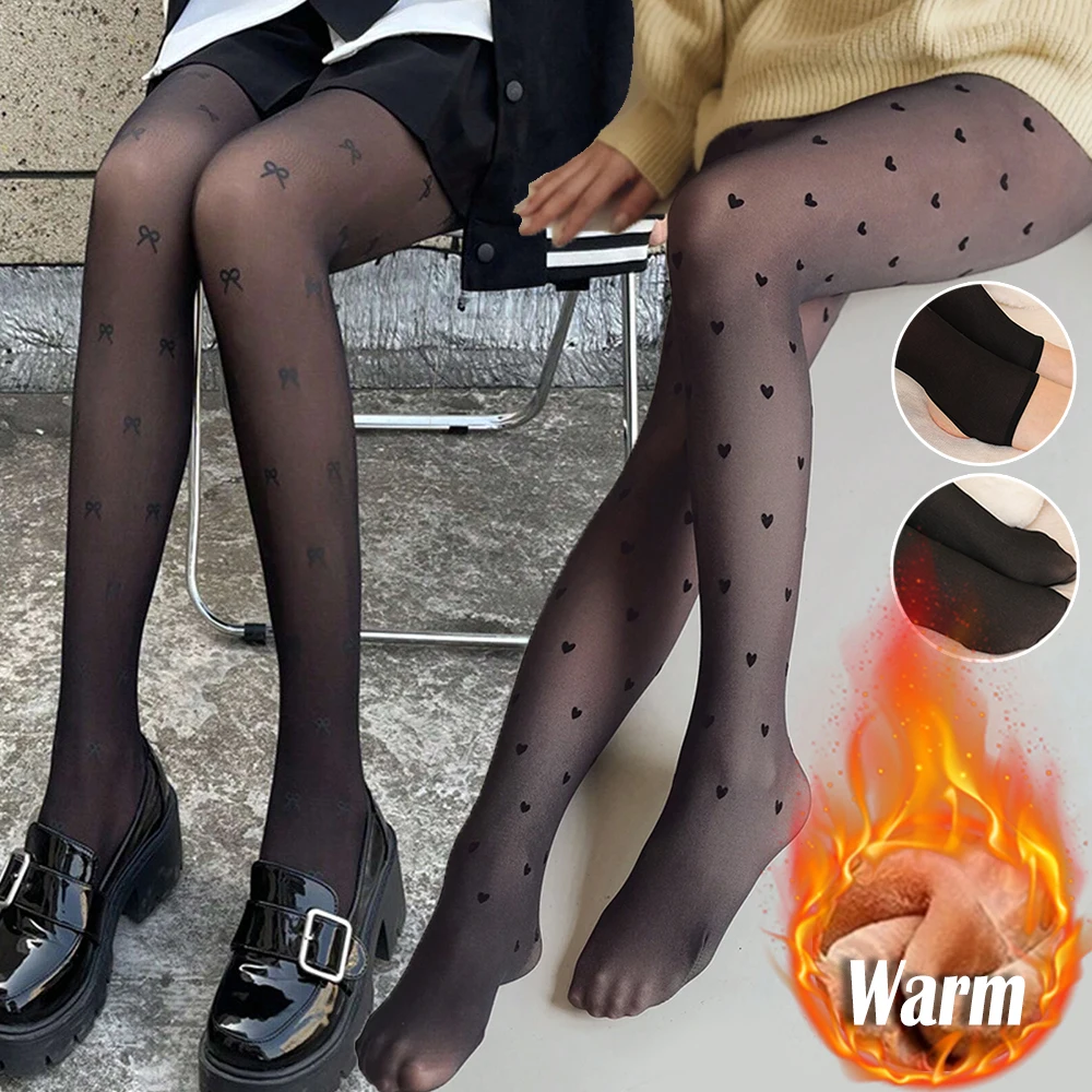 

Women Fleece Leggings Sexy Heart Print Translucent Pantyhose Elasticity Winter Warm Legging Thermal Tights Female Woman Pants