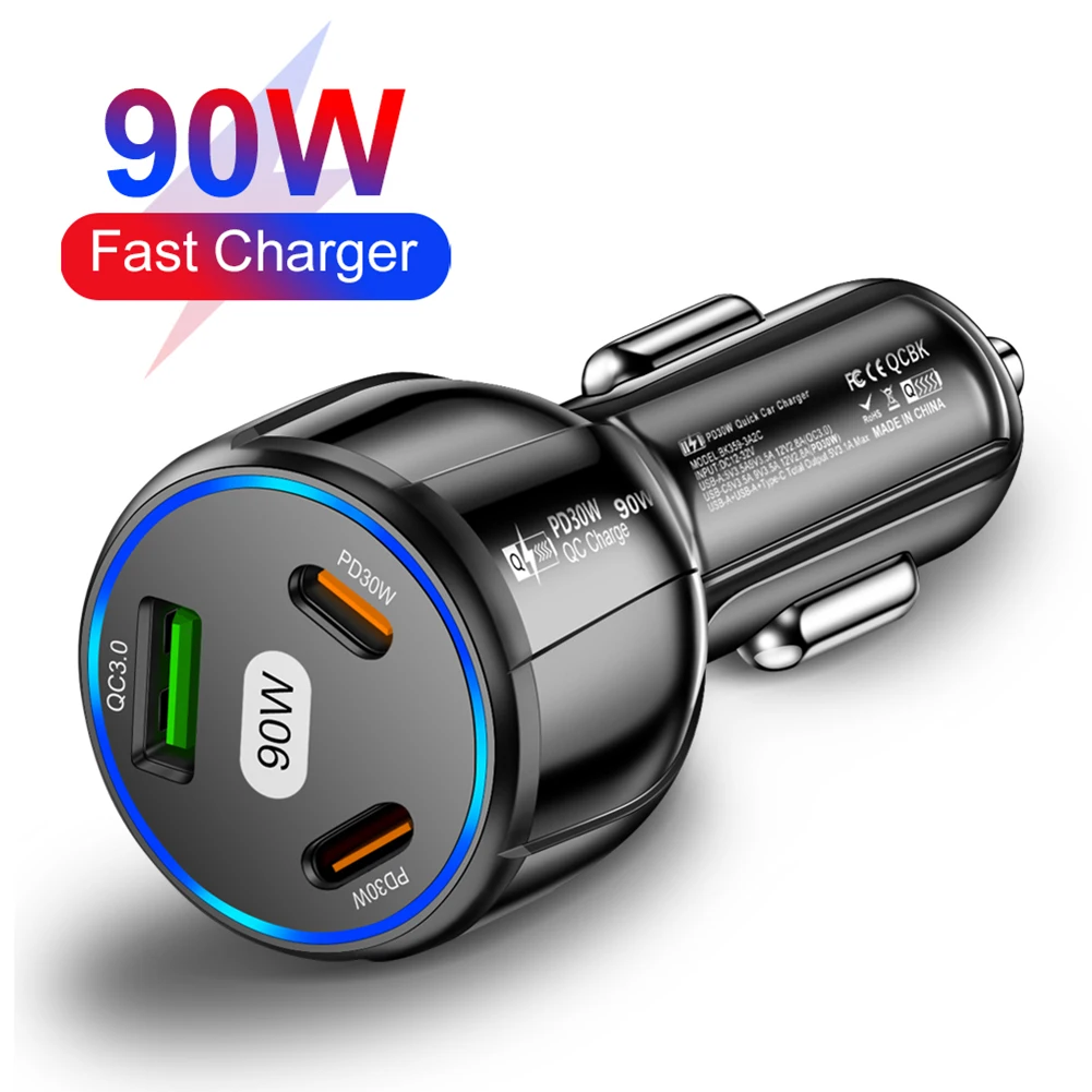 

1pc 90W 3 Ports Car Charger Fast Charge PD USB C Type C Adapter With LED Light Sturdy & Durable Portable DC12-32V