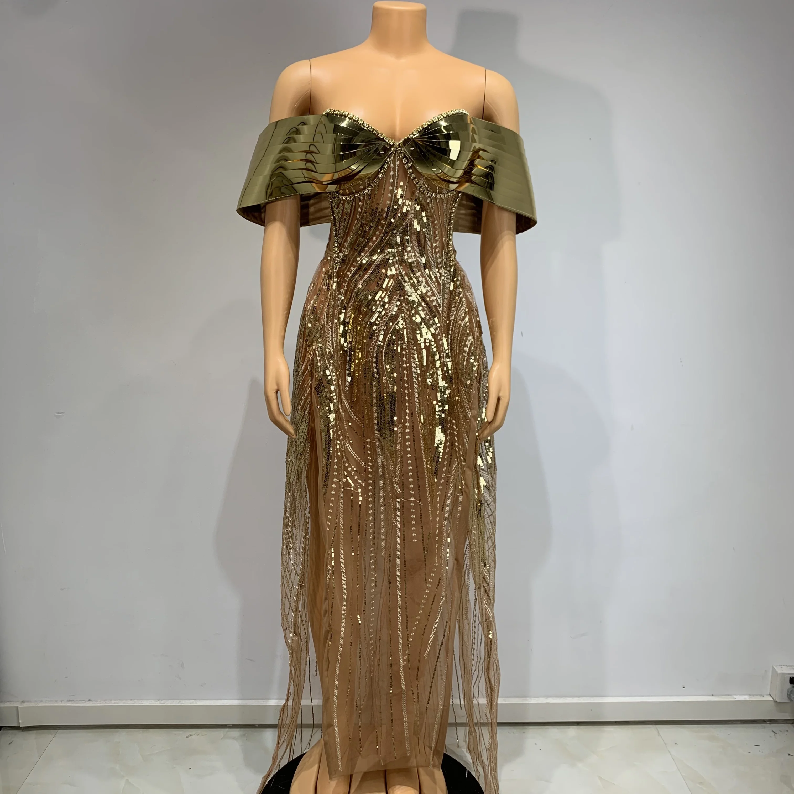 Sparkly Diamonds Off Shoulder Long Dress Women Designer 2024 Sexy Backless  Mesh See Through Evening Prom Celebrate Gold Gown - AliExpress 200000345