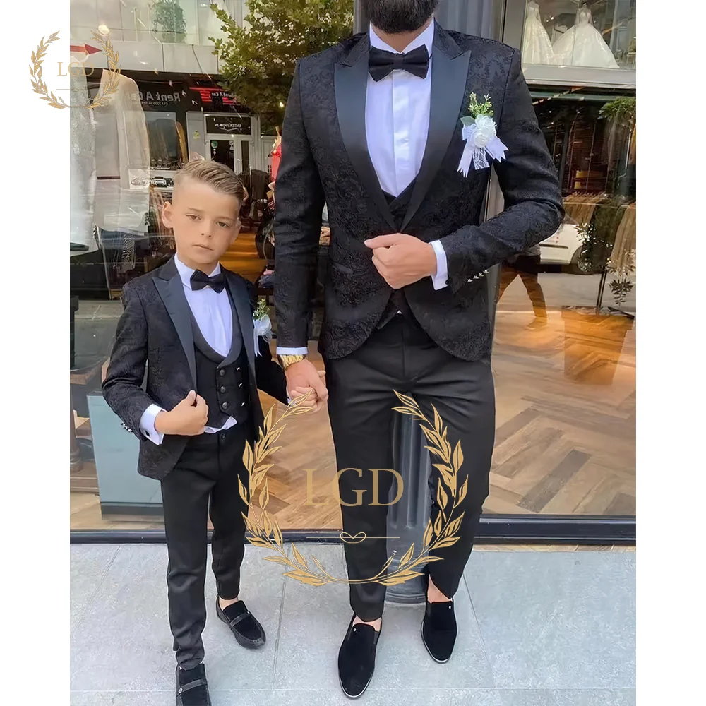 Navy pattern boy 3 piece formal suit dinner tuxedo little boy groomsmen wedding party prom jacket vest and black trousers boys formal suit set