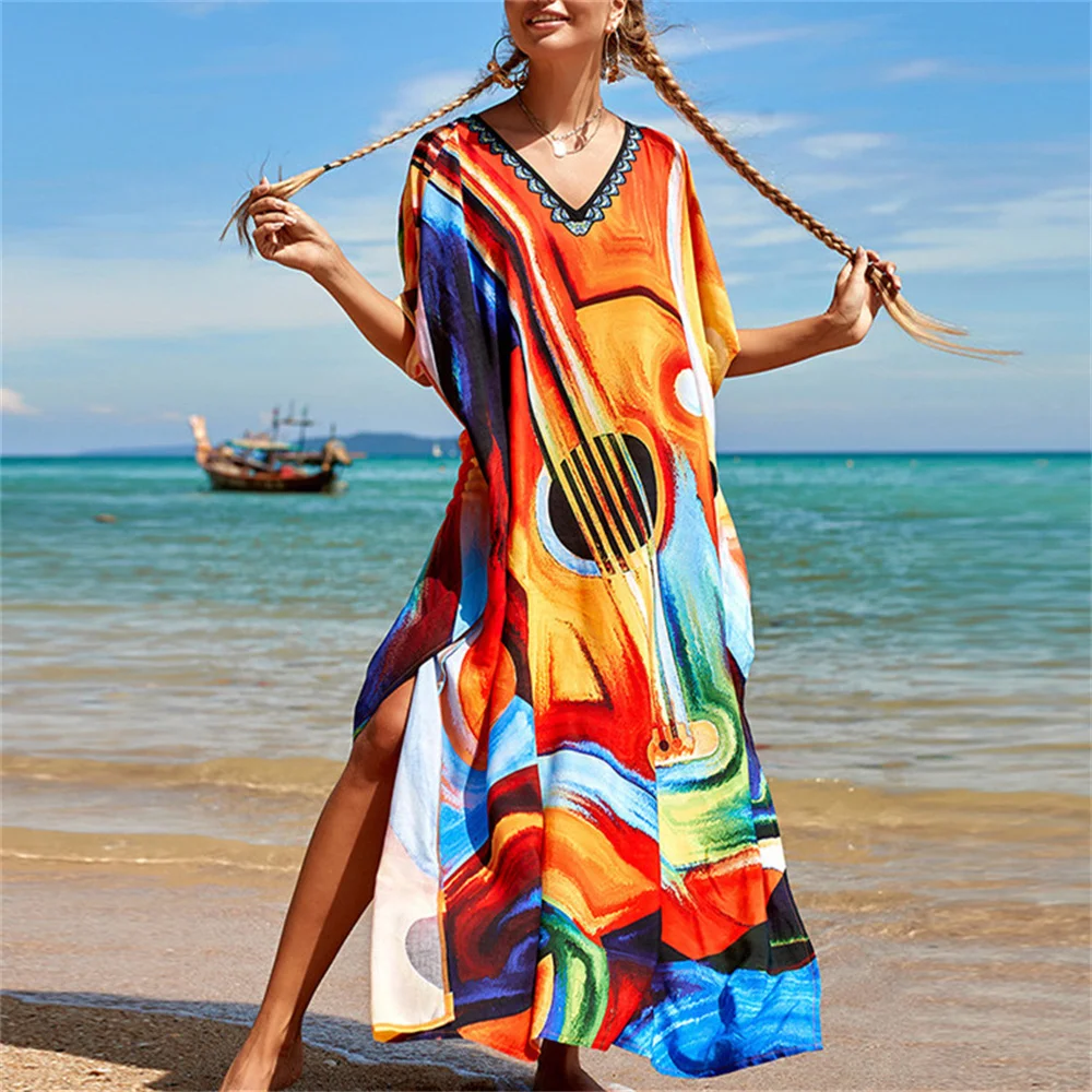 bikini cover up 2022 Long Kaftan Bohemian Printed Bikini Cover-Ups Sexy V-Neck Half Sleeve Maxi Dress Tunic Women Beach Wear Swim Suit Cover Up bathing suit skirt cover up