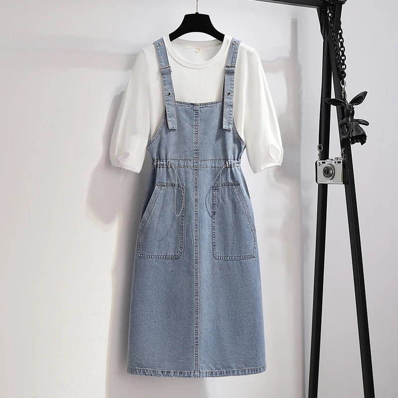 

Fashion Women Summer Denim Dress Suit O-Neck Half-Sleeve T-shirt And Drawstring Waist Pocket Strap Dress Female Commute Twinsets