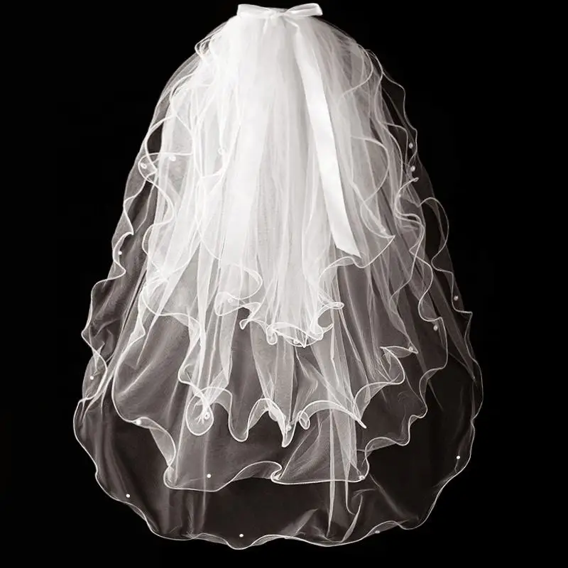 Bridal Veil Four Layer Pearl Bow Bead Veil Wedding Vintage with Pearl