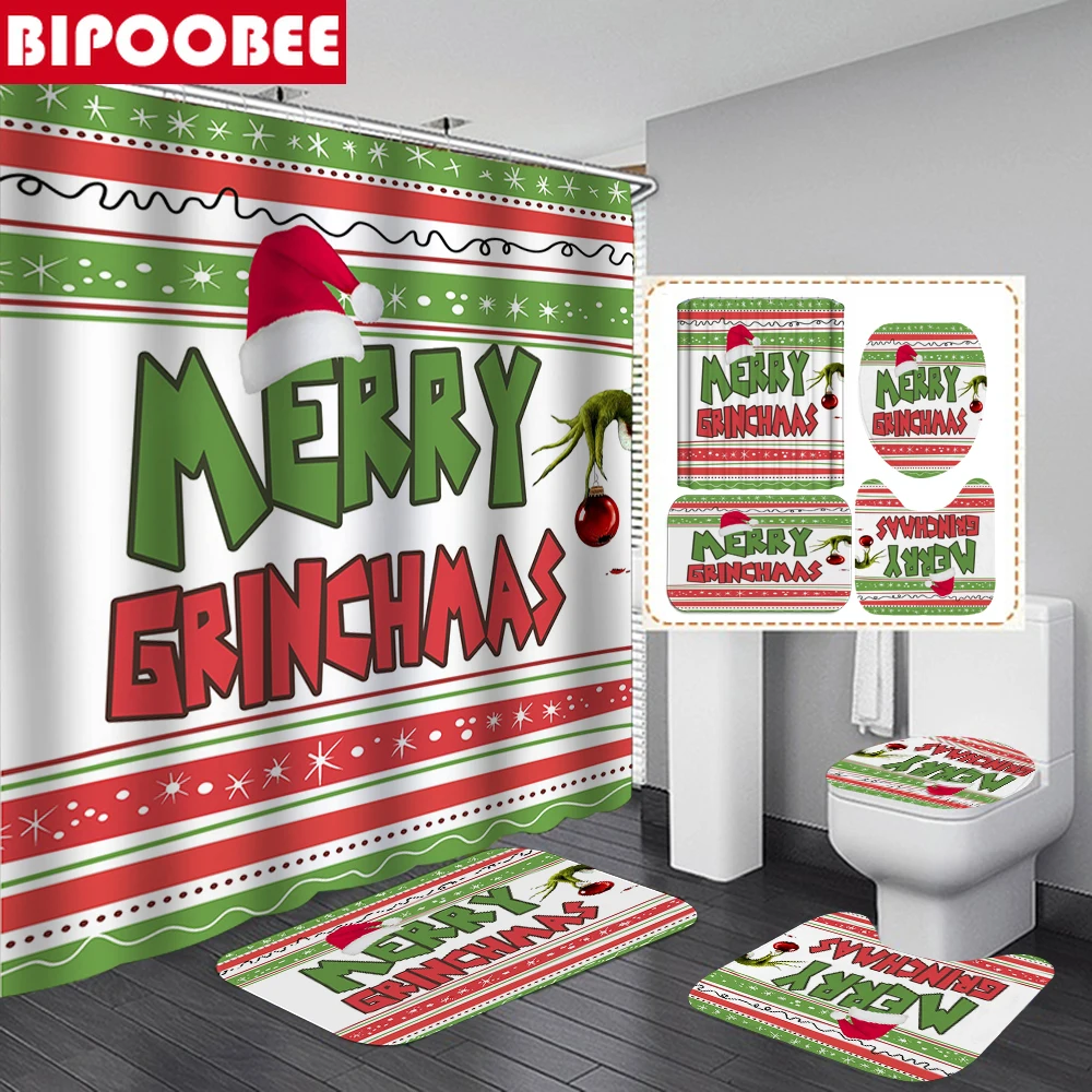 MerryChristmasBathroomSetGreenHairedMonster3DShowerCurtainsXmasHomeDecorToiletLid