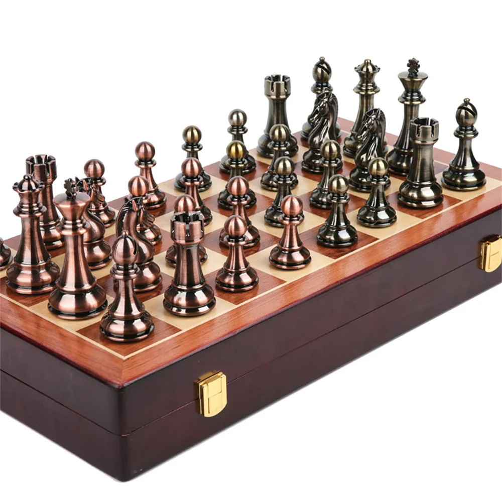 52x52cm High Grade Luxury Wooden Chess Board Games Bronze Metal Chess Pieces Set Folding Family Board For Children Checkerboard children s canvas bag fashion klein blue print checkerboard shoulder bag flower princess small change small satchel