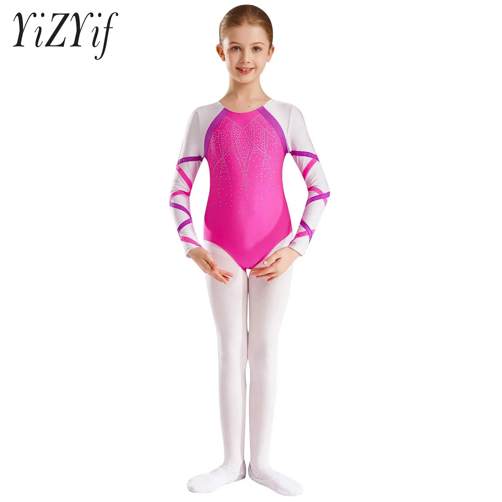 Kids Girls Ballet Gymnastics Jumpsuits Performance Costume Glittery Rhinestones Dance Leotard Long Sleeve Color Block Bodysuits
