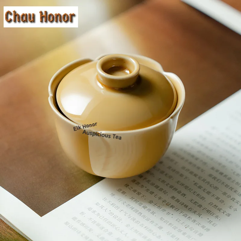 100ml Amber-yellow Tulip Gaiwan Traditional Tea Tureen Tea Bowl with Lid Kit Tea Brewing Cover Bowl Cafes Supplies Decoration