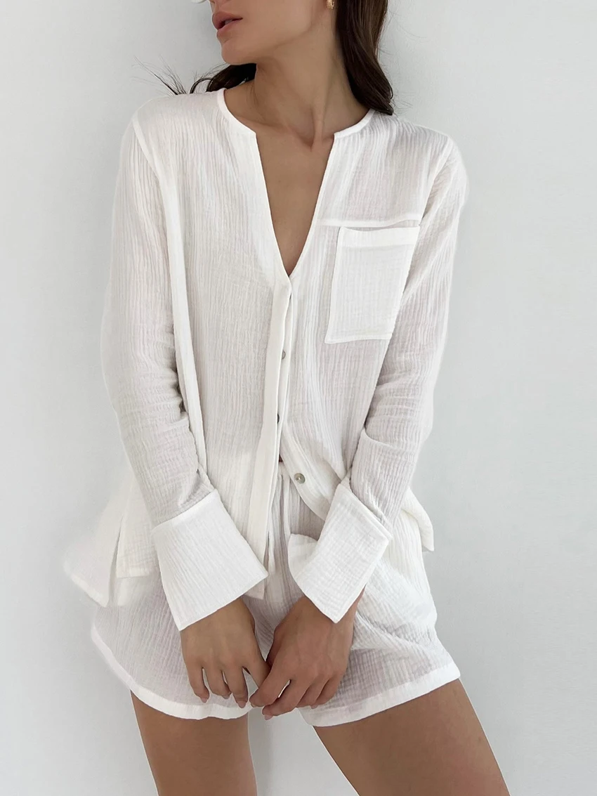 Marthaqiqi White Loose Ladies Nightwear 2 Piece Suit Sexy O-Neck Sleepwear Long Sleeve Nightgown Shorts Causal Female Pajama Set