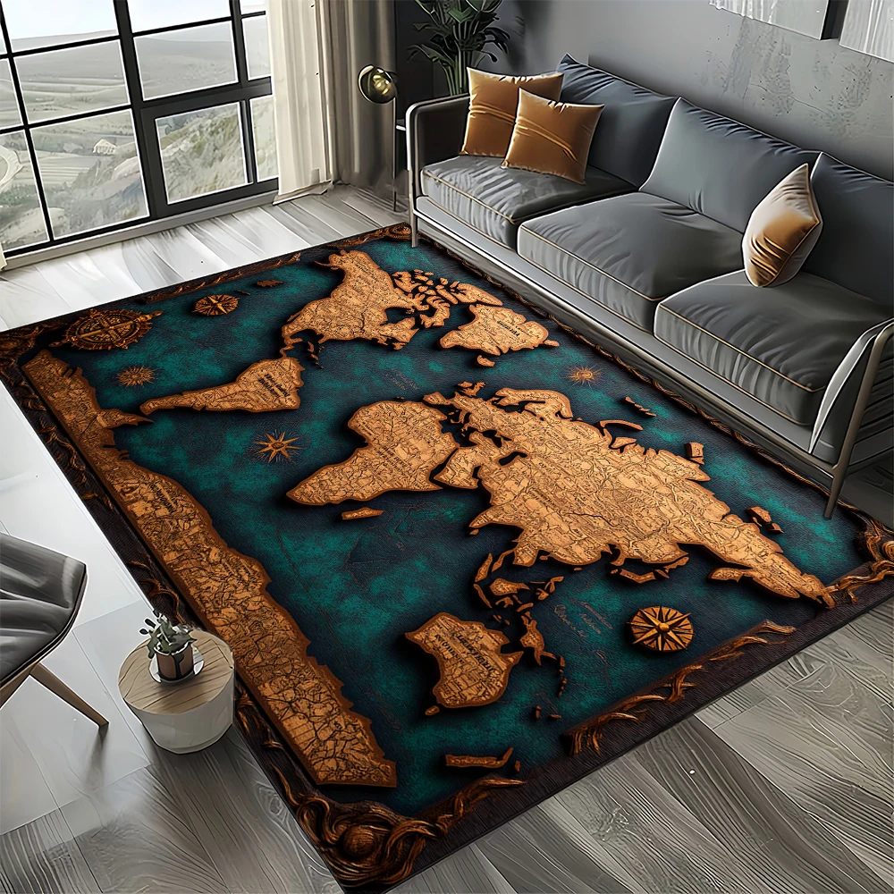 Nautical Map Rug – Retro Marine Compass Carpet | Non Slip Floor Mat for Living Room