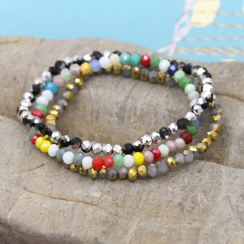 3-teiliges Armband-Set, mehrfarbige Kombination, 4 mm Kristallperlenarmband, Boho-Schmuck, Damen-Geschenk, Großhandel – Detail 2
