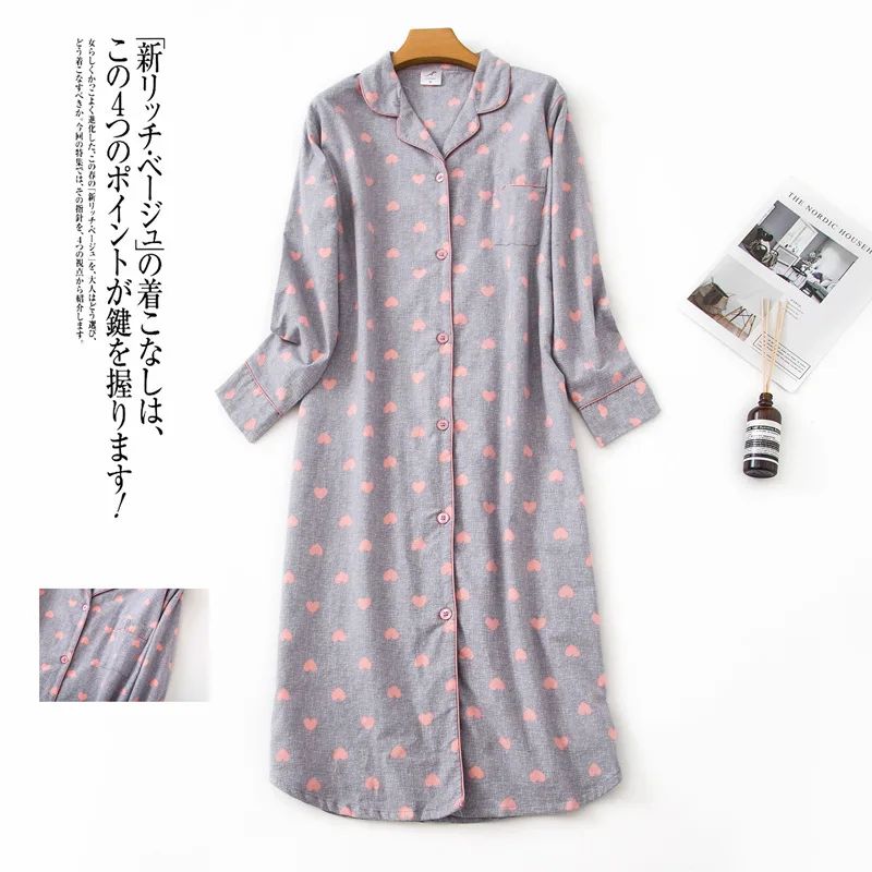 

Cotton Sleepwear Nightdress Loungewear Oversized Homewear Checkered Stripe Long Sleeve Pajamas Casual Underwear Lingerie Women