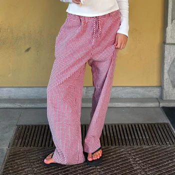 Combhasaki donna Y2K Retro estetica gamba larga coulisse pantaloni sottili estate Casual elastico Plaid pantaloni larghi con tasche 1