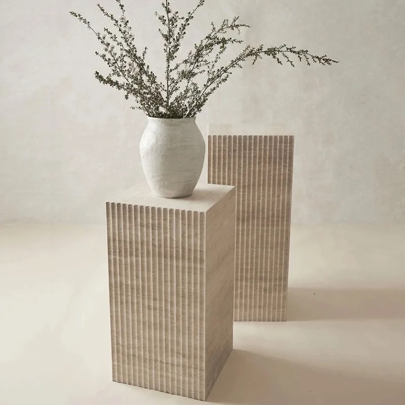 

Customized Wabi-sabi Style Stripe Beige Travertine Cave Stone Side Table Marble Rectangular Statue Display Stand Column