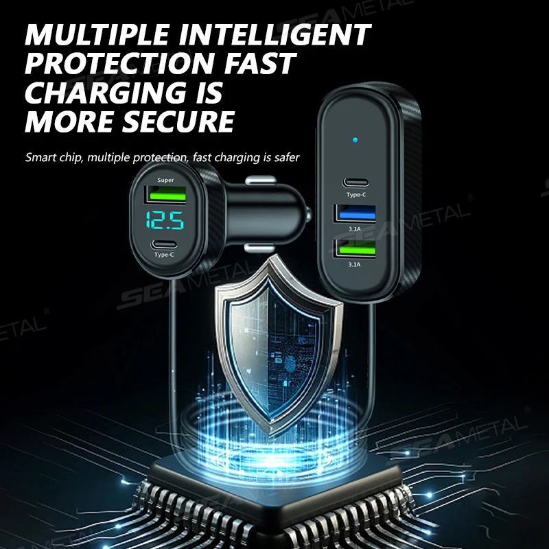SEAMETAL 5 in 1 Car USB Charger 150cm Long Cable 66W Super-Fast Charging 5-Port Auto Phone Charger Adapter Universal for 12-24V