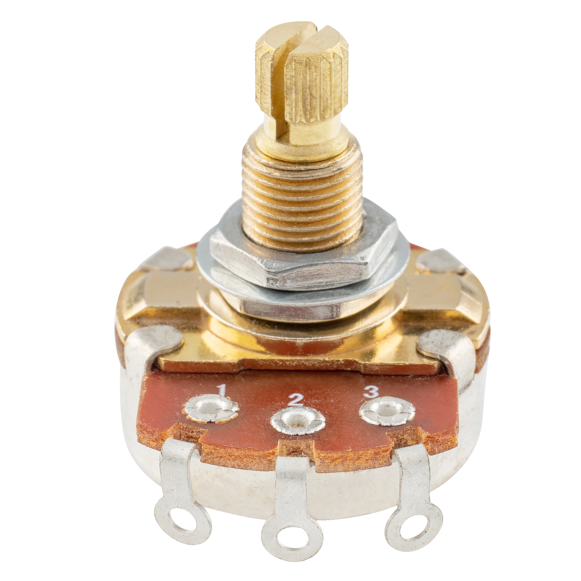 Musiclily Pro A25K/B25K/A1Meg Messingschaft metrisch grob 18-Spline Split Shaft Audio Taper/Linear Taper Potentiometer (2er-Set) – Detail 8