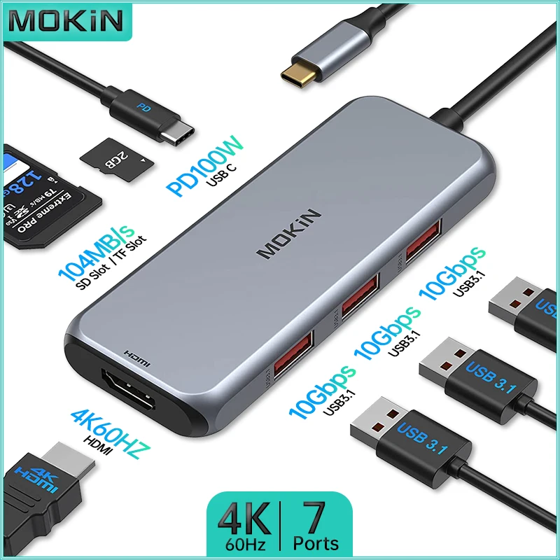 

The Ultimate Docking Station for MacBook Air/Pro, iPad, Thunderbolt Laptop - MOKiN 7 in 1 - USB3.1, HDMI 4K60Hz, PD 100W, SD, TF