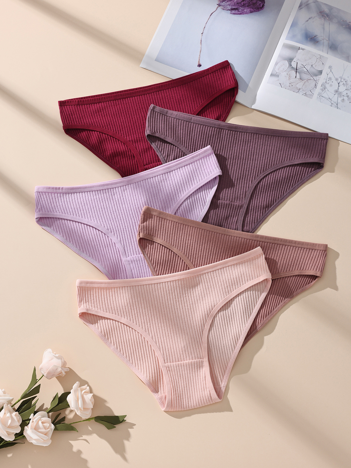 5Pcs Women’s Ribbed Cotton Underwear – Soft Breathable Seamless Briefs – Lightweight Comfortable