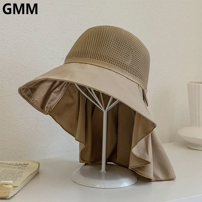 Women Summer Large Brim Net top Sun Hats With Neck Flap Fashion Bow