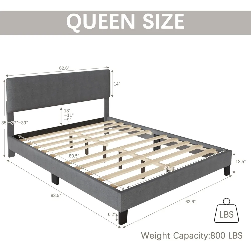 Bed Frame Upholstered Bed Frame Platform with Adjustable Headboard Linen Fabric Headboard Wooden Slats Support 6