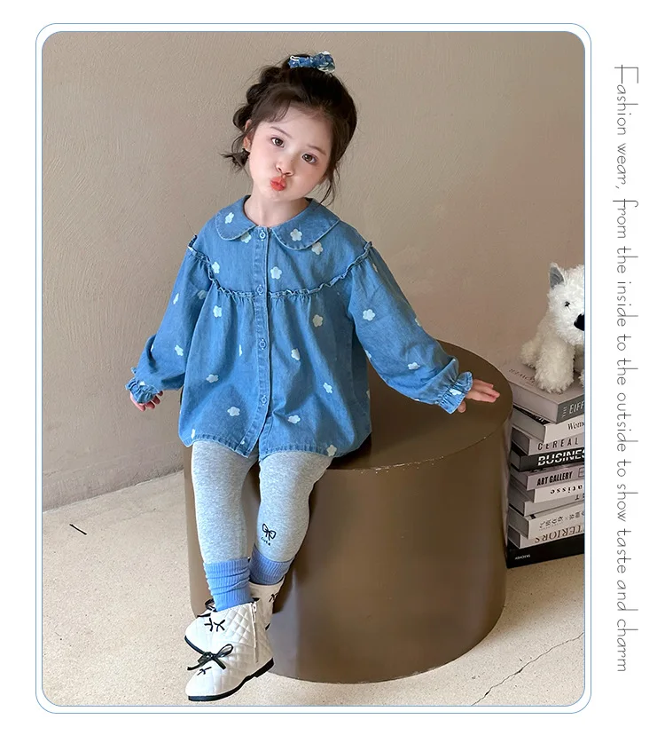 여아용 꽃무늬 데님 셔츠 봄 가을 아동 한국 패션 캐주얼 상의 어린이 봄옷