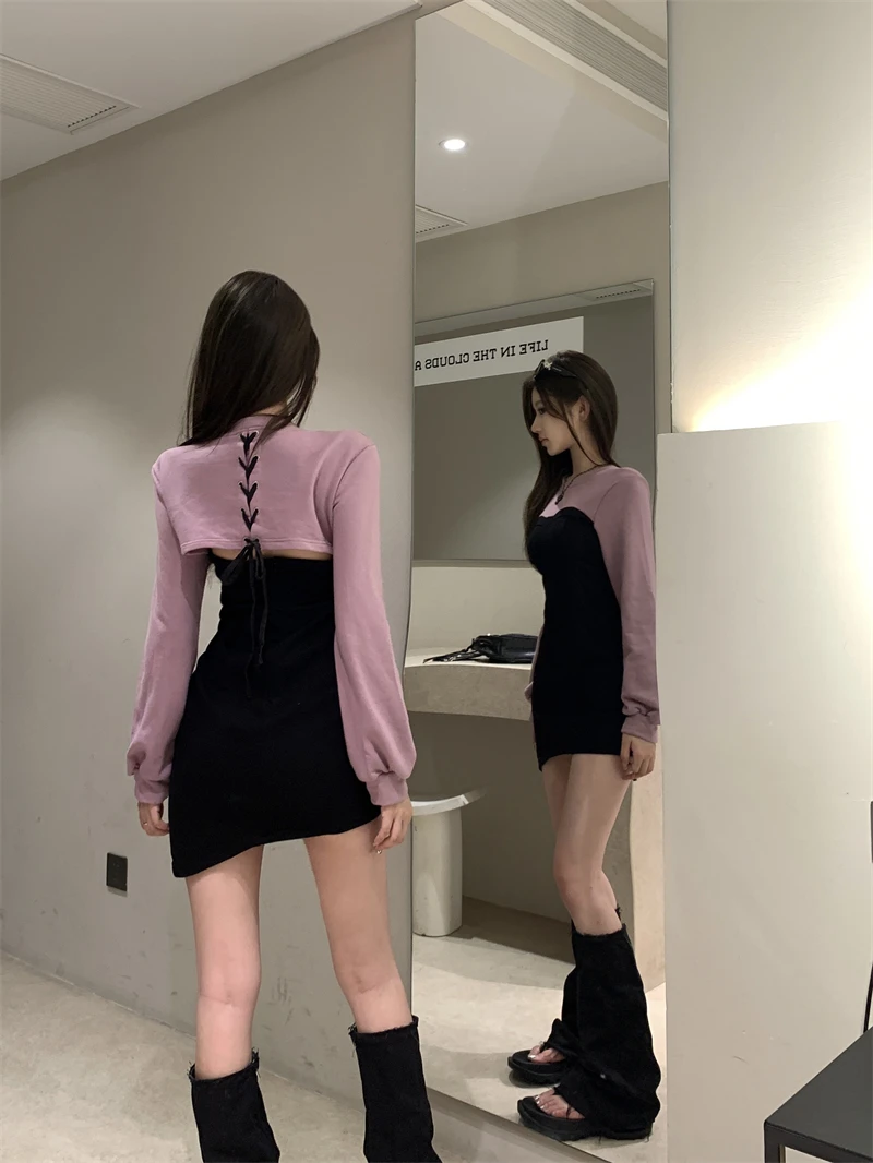 Sexy Patchwork Mini Dresses Women Long Sleeve Bodycon Lace-up Hollow Out Y2K Club Party Dress Korean Fashion Autumn New Vestidos