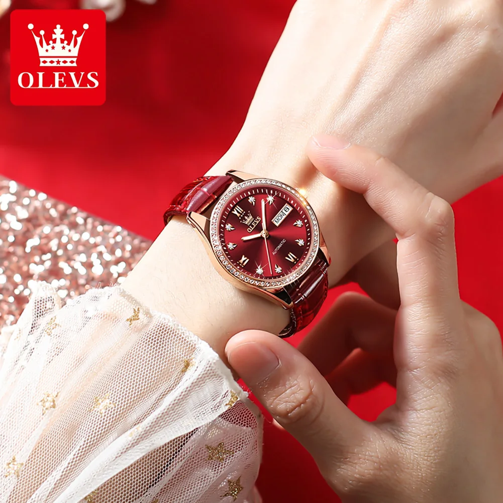 OLEVS Watch for Women Rose Gold Automatic Watches Stainless Steel Ceramic Bracelet Diamond Self Winding Mechanical Women's Watch