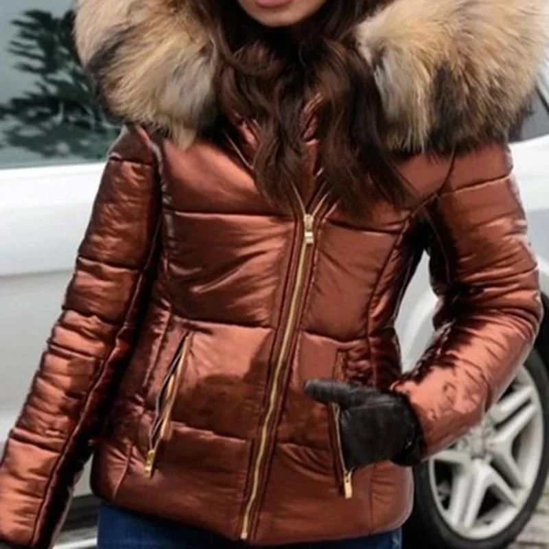 Women Thicken Fur Collar Hooded Jacket Coats Winter Solid Casual Zipper Short Jackets Fashion Cotton Padded Warm Outwear Female