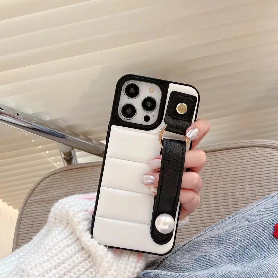 

New for iPhone 14 Stripe Wrist with Stand Phone Case 13promax 12pro Ins Simple Down Jacket 11 Anti Fall Protective Leather Cover