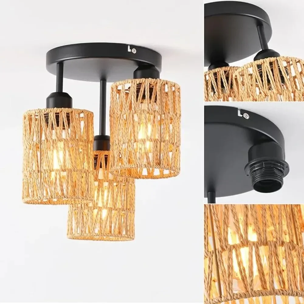 Retro Vine Pendant Light 3-Lights Rattan Light Fixture Light Chandelier Lighting Hand-woven Wicker Ceiling Light Restaurant