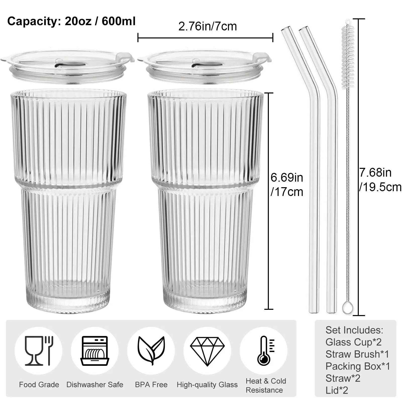 Set of 2 Ribbed Glass Tumbler Cups with Lids & Straws, 600ml Clear Glass