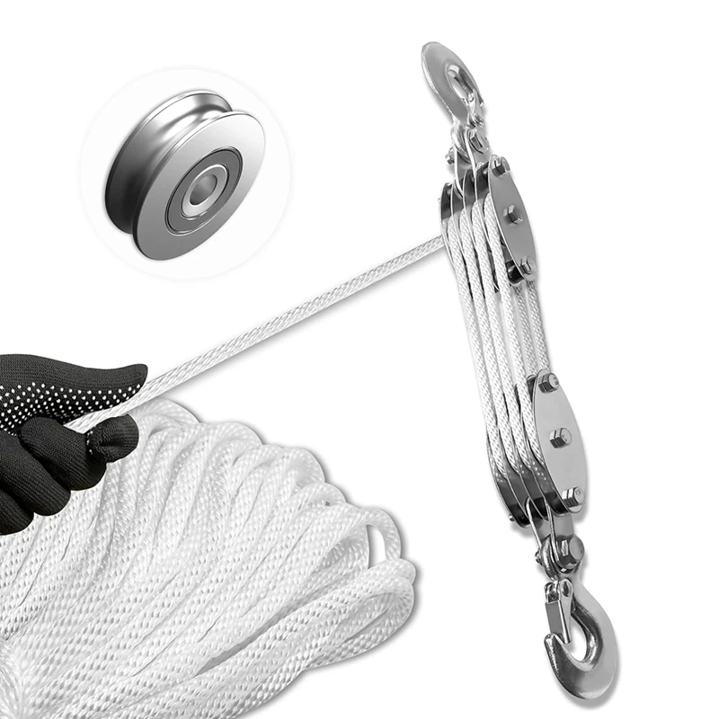 A7QHO-Block And Tackle Pulley System, 4-Wheel Rope Pulley Hoist, 2200LB Work Load With 65Ft Of 1/4 Inch Rope, Compact Rope