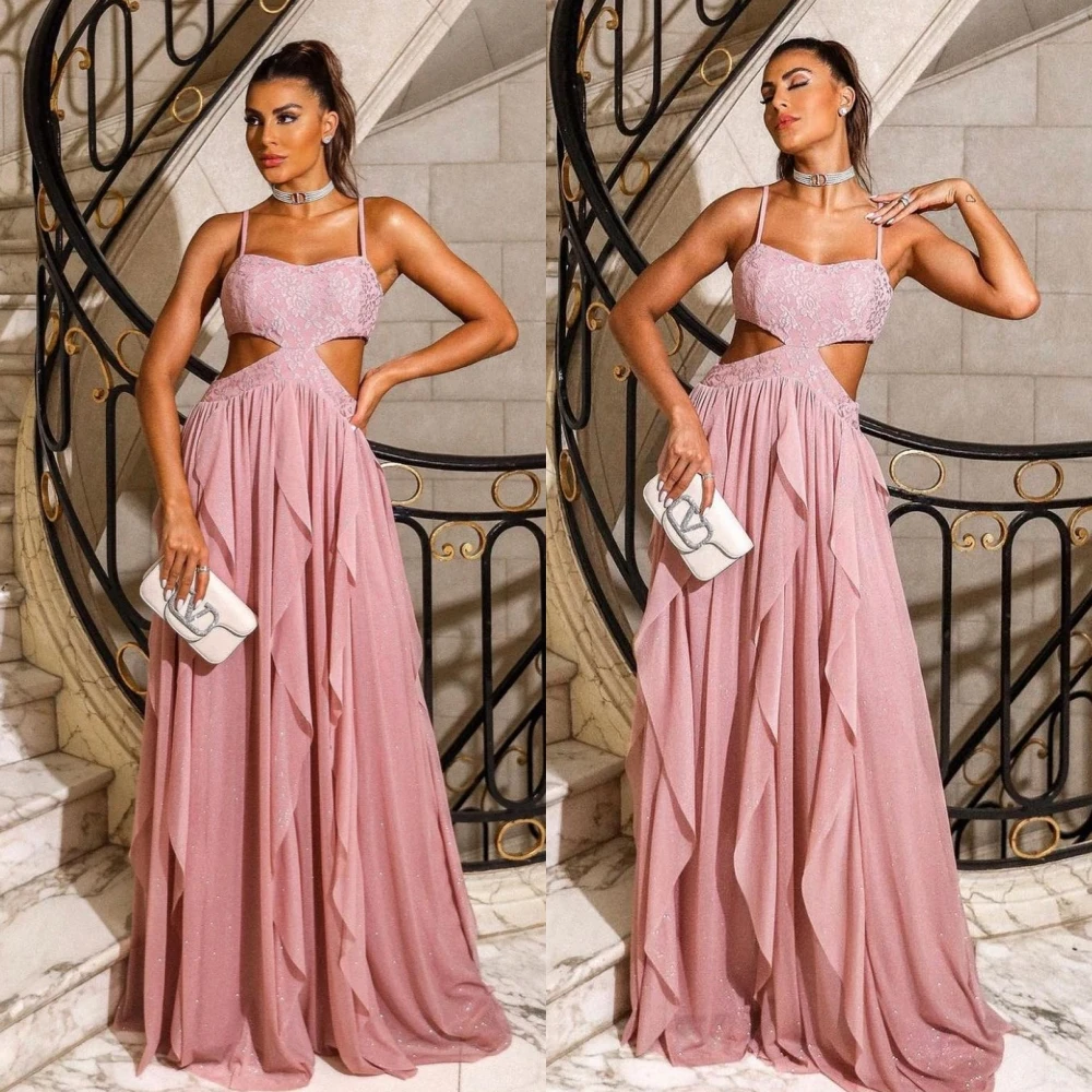 Sexy Modern Style Square Collar A-line Draped Floor-Length Chiffon Bespoke Occasion Dresses Evening