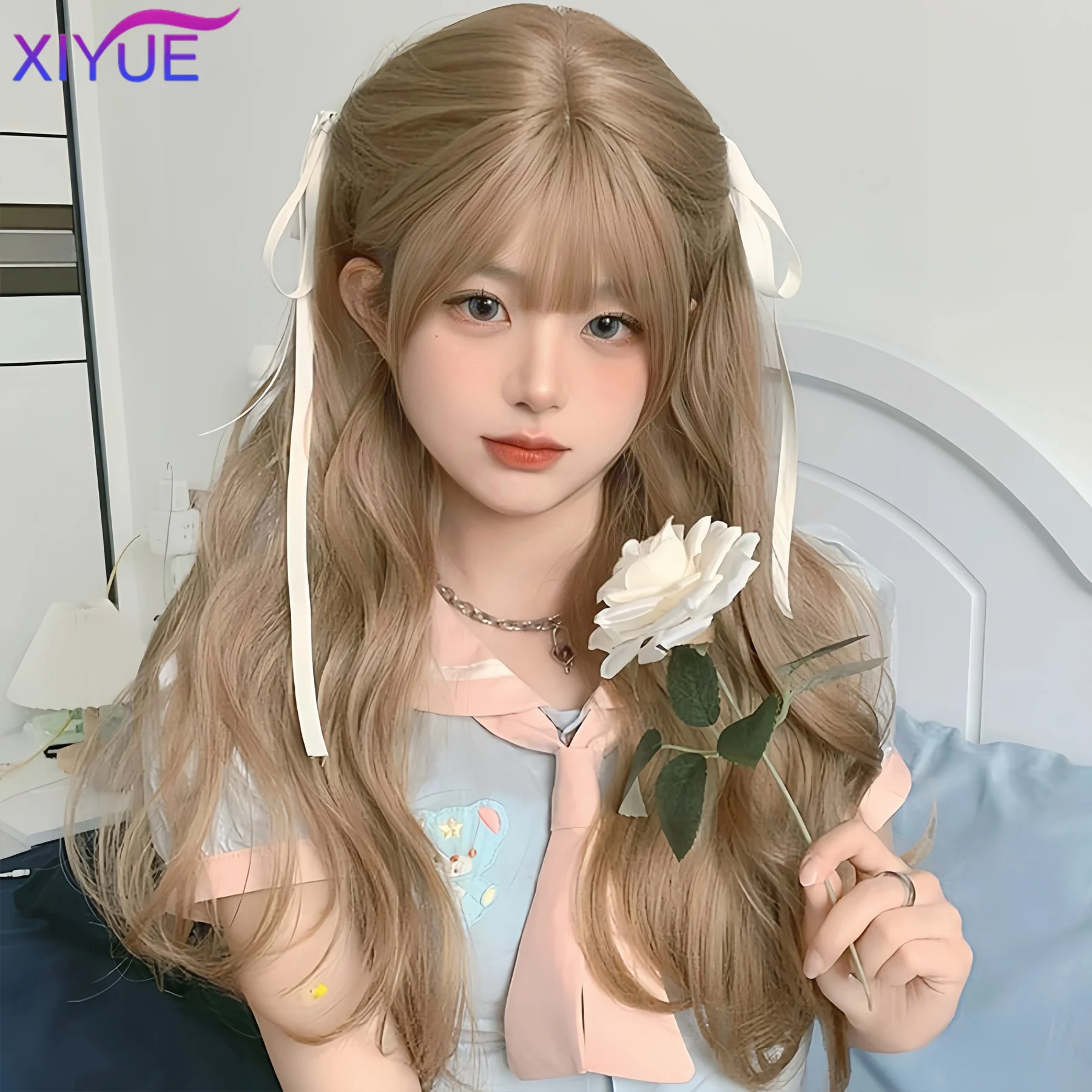 XIYUE Curly Long Wavy Black Blonde Highlights Synthetic Hybrid Wig With Fluffy Bangs Suitable For Women Daily Use