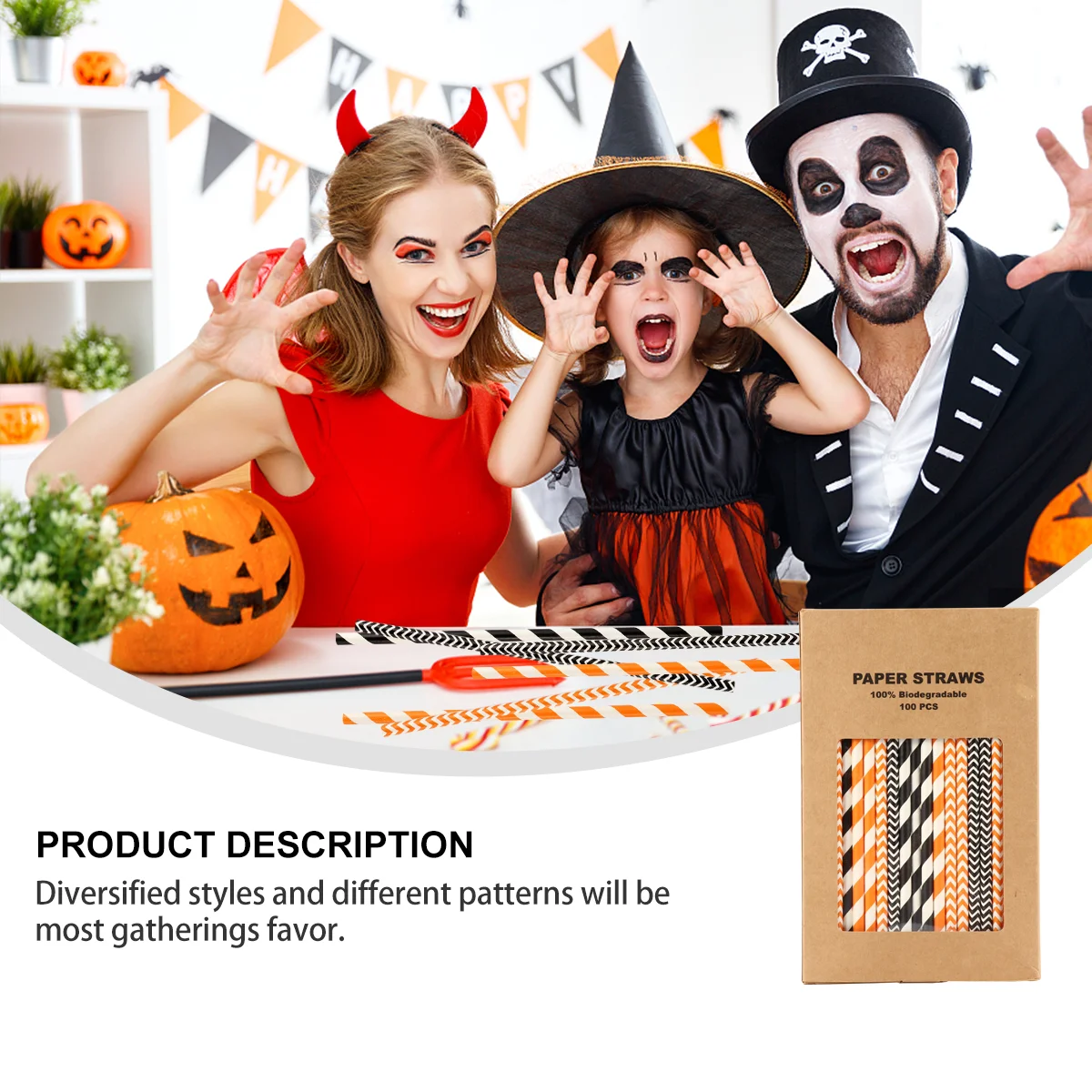 100 Pcs Kraft Paper Straws Disposable Patterned Halloween Drinking Party Coffee Tea Cocktail Unique Gatherings