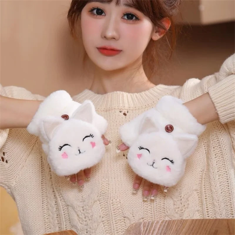 플러시 고양이 토끼 장갑 플러시 손가락없는 장갑, 겨울 사이클링 장갑, 부드럽고 따뜻한 두꺼운 장갑, 여자 반 손가락 장갑