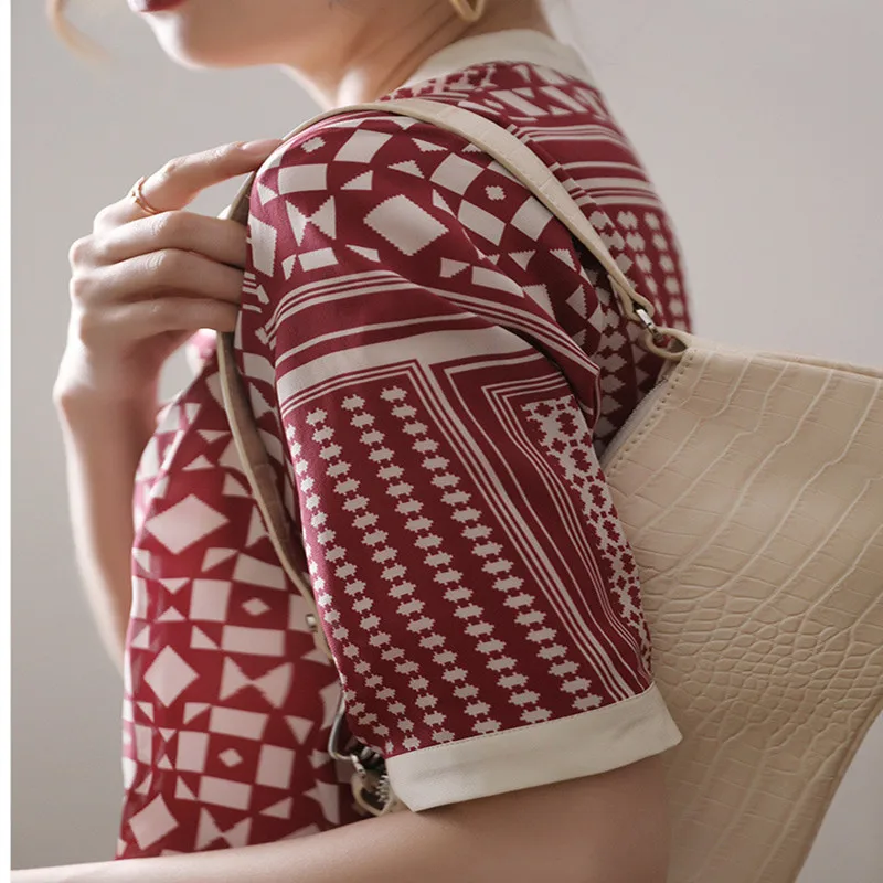 Summer Women\'s Blouse Chiffon O-neck Standing Collar Printed Office Lady Shirts Vintage Half Sleeve Tops Female Clothing