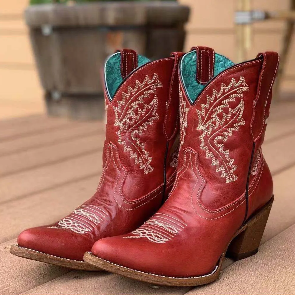 

AOSPHIRAYLIAN Western Cowboy Boots For Women 2023 Retro Vintage Embroidery Sewing Floral Women's Cowgirl Comfy Walking Shoes