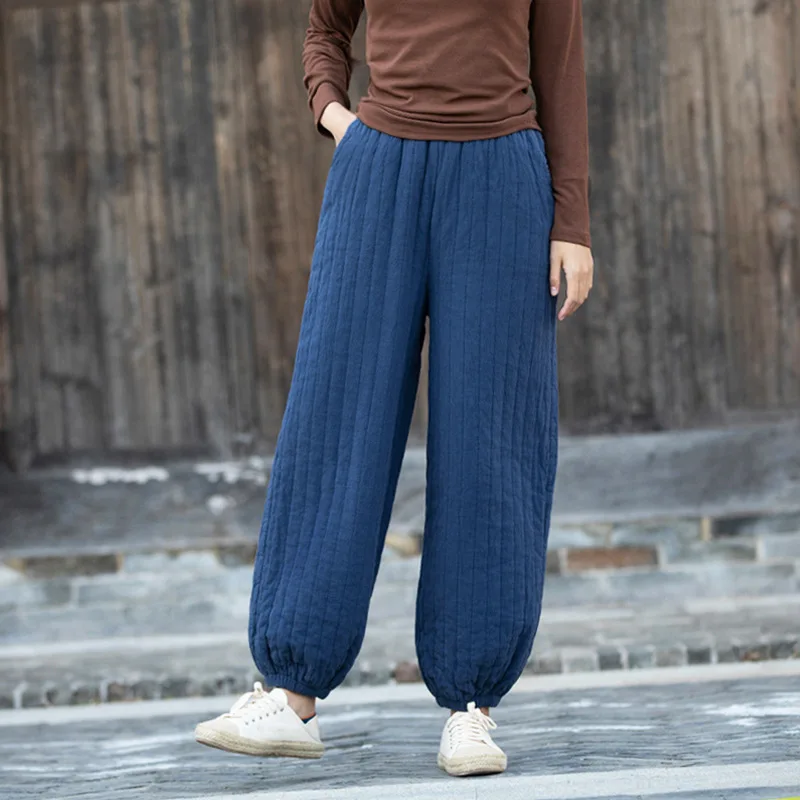 Women Cotton Linen Harem Ankle-length Pants Winter Oversized Thicken Warm Down Cotton Casual  High Waist Jogger Trousers Baggy