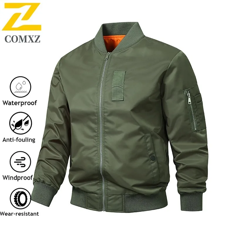 Mens Vintage MA-1 Bomber Jacket Spring Autumn Stand Collar Waterproof Windproof Loose Fit Baseball Coat Military Style Outerwear