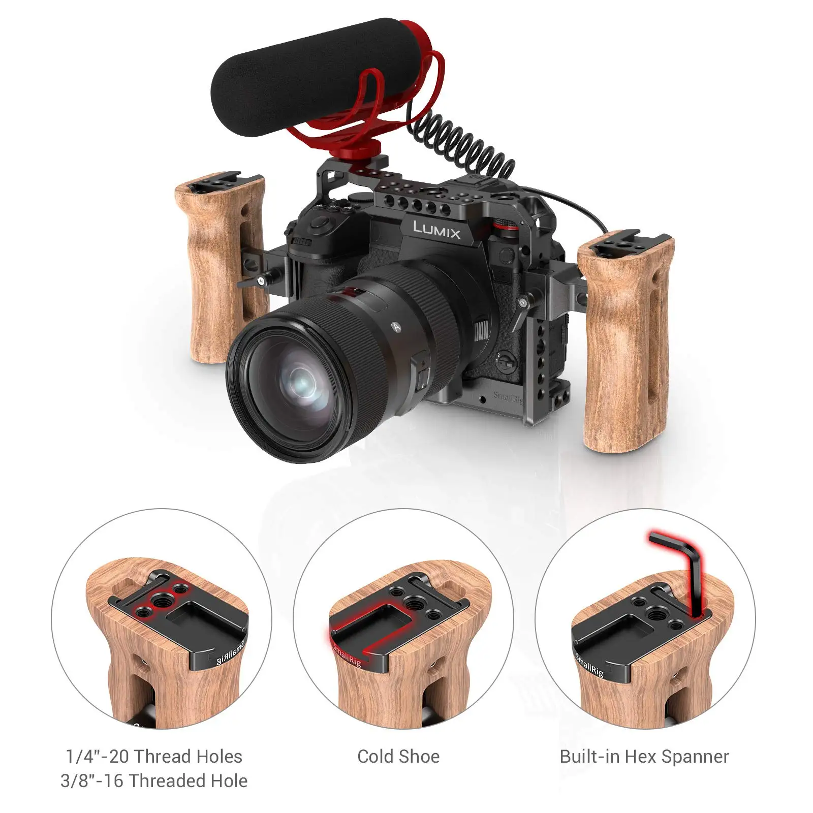 Universal Side Wooden NATO Handle Grip for DSLR Camera Cage w/Cold Shoe Mount an
