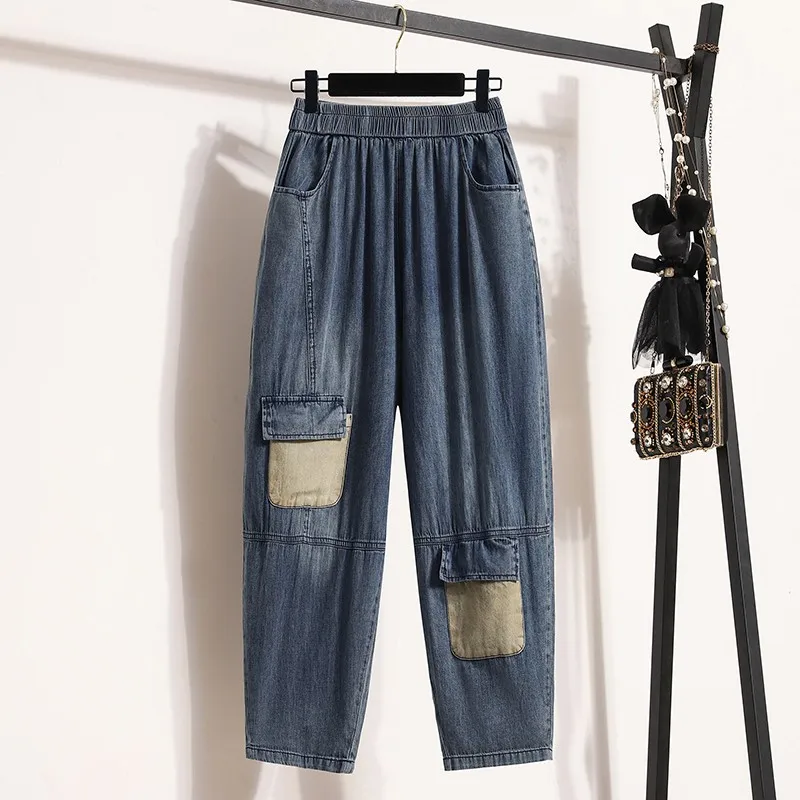 

2023 New Arrival Summer Women Pockets Patchwork Ankle-length Pants Elastic Waist Loose Cotton Denim Harem Pants Jeans V498