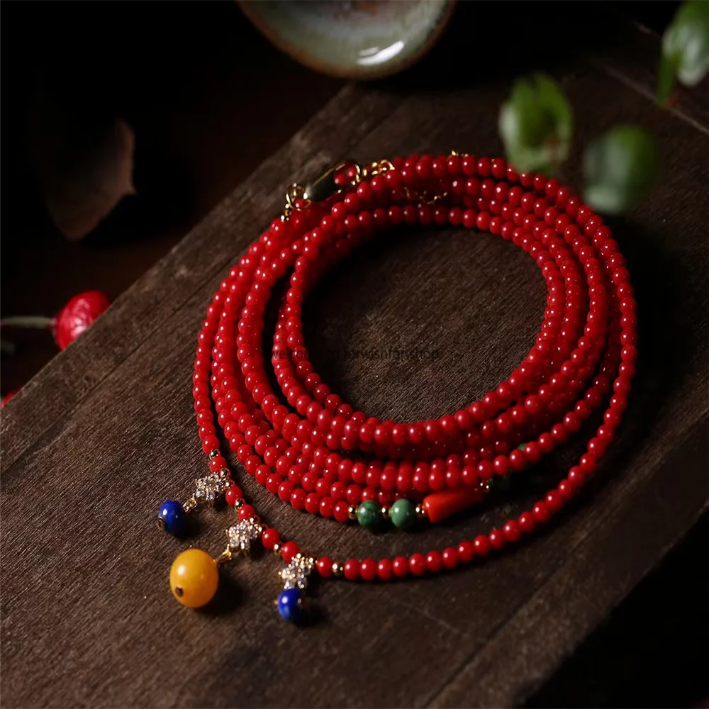 

New Design Red Coral Round Beads Ten Rings Bracelet Unique Design Ladies High Jewelry